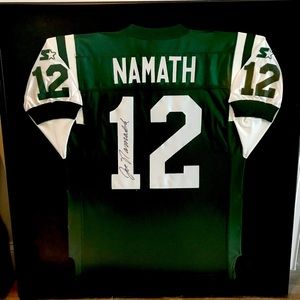 Framed, Autographed Joe Namath starter jersey